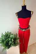 SET DE TOP CORSET Y PANTALON LARGO CON ANIMAL PRINT ROJO