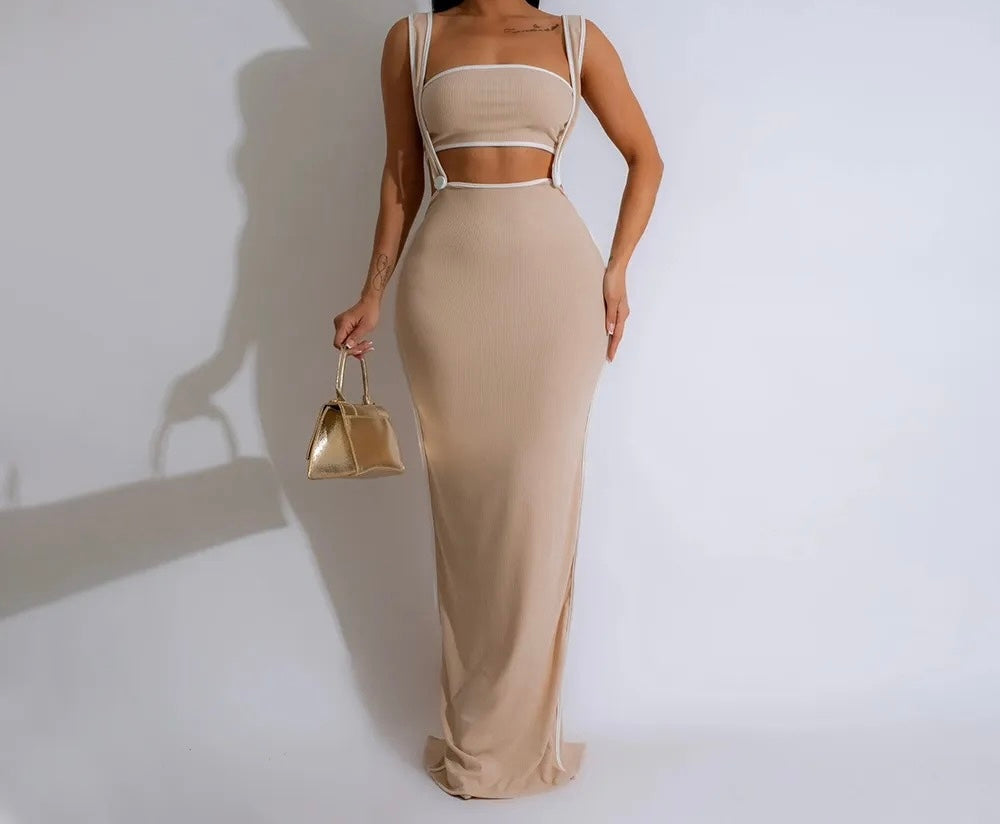 SET TOP Y FALDA LARGA CON MAGAS CREMA Y BLANCO