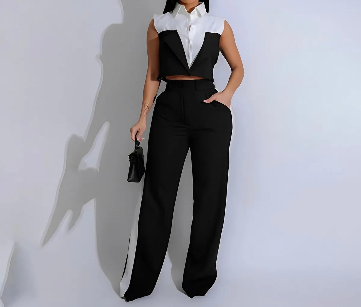 SET DE VESTIR NEGRO Y BLANCO TOP DE MANGA CORTA